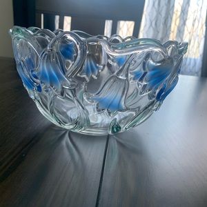 Glass serving bowl with blue floral details